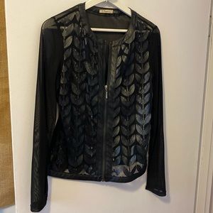 Black light tulle and vegan leather zipped jacket